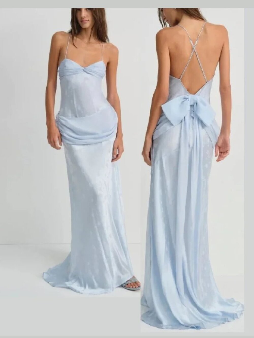 For Love & Lemons Baby Blue Satin Maxi Dress with Bow Back